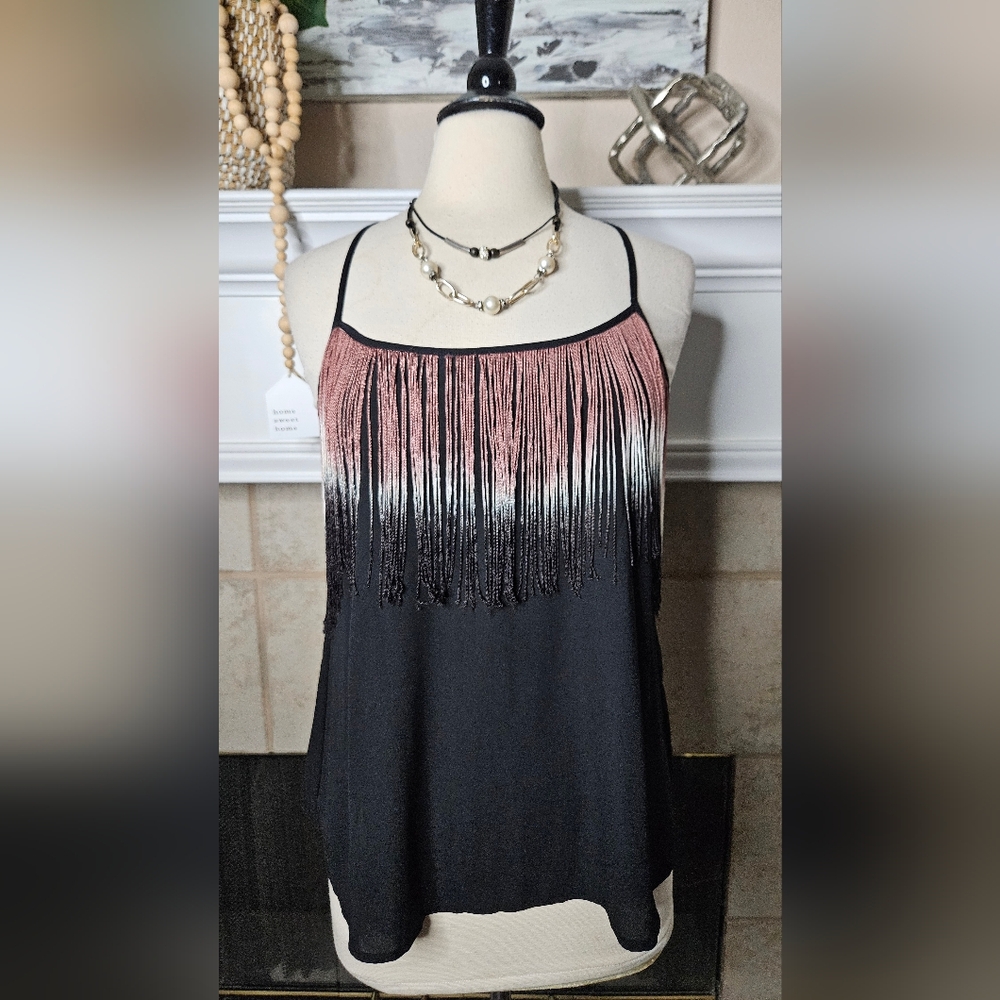 Socialite Black Tank Top with Pink Ombre Fringe